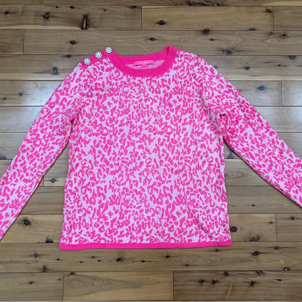 Lilly Pulitzer Morgen Jacquard Pink Leopard Print Sweater Rhinestone Shoulder L